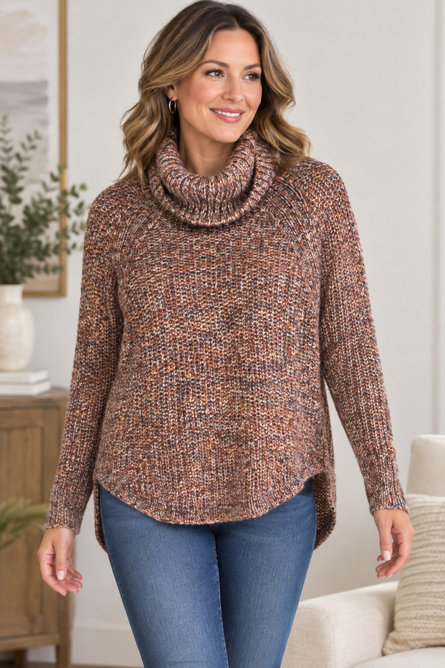 Prana Womens M Wool Alpaca Blend Marled Cowl Neck Hi Low Knit Sweater Brown